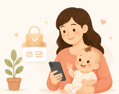 Mẹ đang chăm bé và theo dõi lịch trên điện thoại